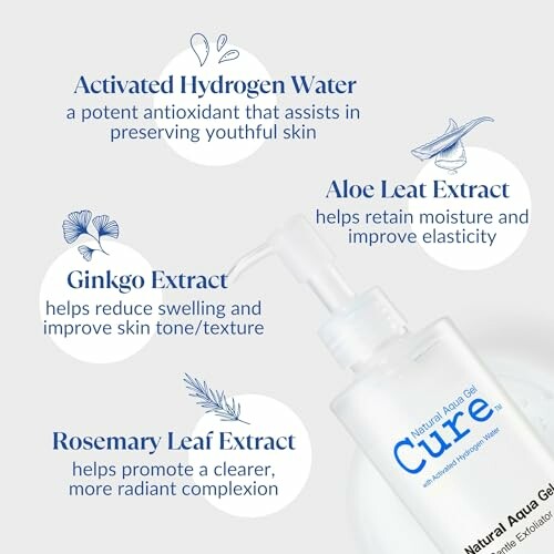 Cure Natural Aqua Gel with ingredients: Activated Hydrogen Water, Aloe Leaf Extract, Ginkgo Extract, Rosemary Leaf Extract.