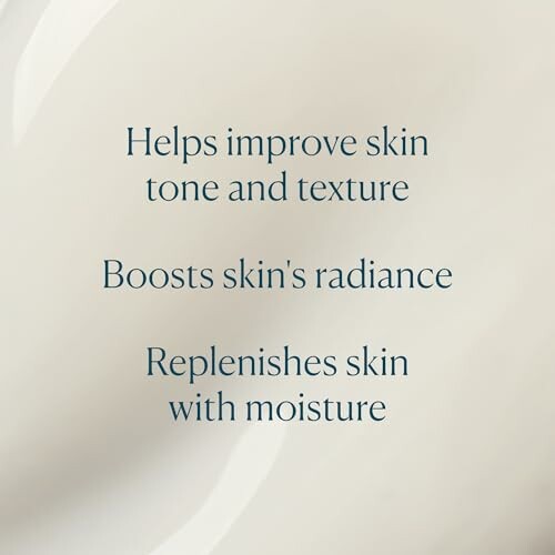 Text highlighting skin care benefits: improves tone, boosts radiance, replenishes moisture.